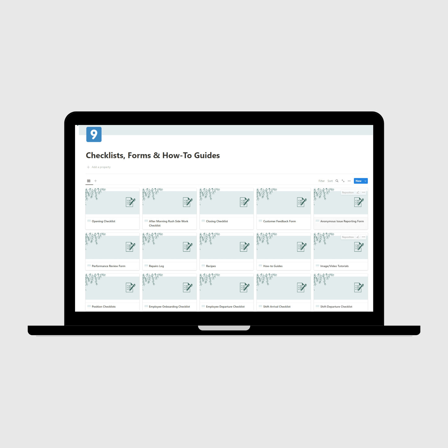 Tablet displaying a Notion template page titled “Checklists, Forms & How-To Guides” for restaurant operations, featuring editable cards for opening checklist, customer feedback form, and employee performance review checklist.
