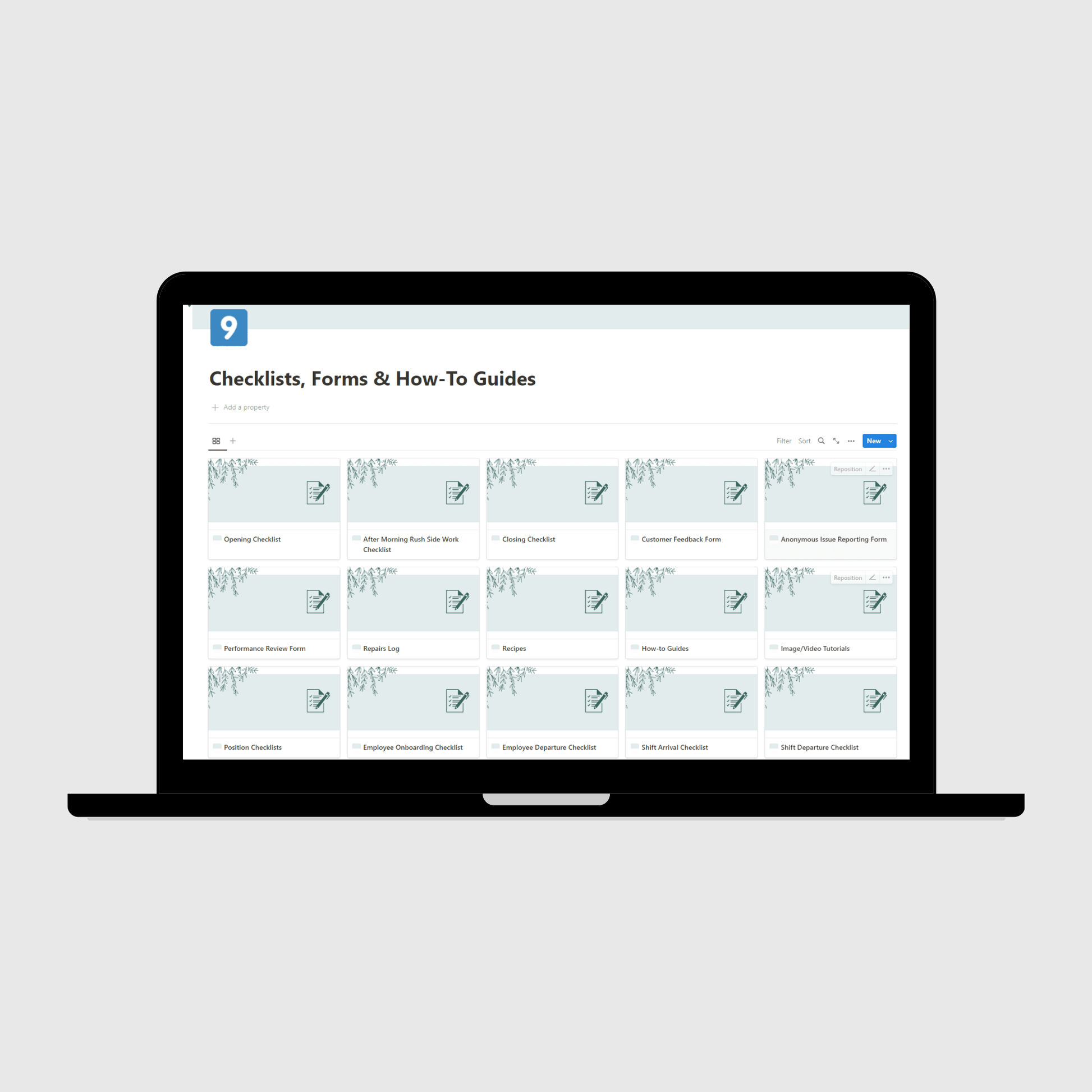 Tablet displaying a Notion template page titled “Checklists, Forms & How-To Guides” for restaurant operations, featuring editable cards for opening checklist, customer feedback form, and employee performance review checklist.
