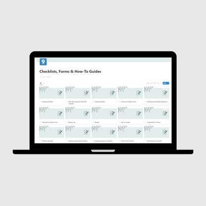 Tablet displaying a Notion template page titled “Checklists, Forms & How-To Guides” for restaurant operations, featuring editable cards for opening checklist, customer feedback form, and employee performance review checklist.
