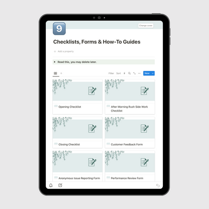 Tablet displaying a Notion template page titled “Checklists, Forms & How-To Guides” for restaurant operations, featuring editable cards for opening checklist, customer feedback form, and employee performance review checklist.