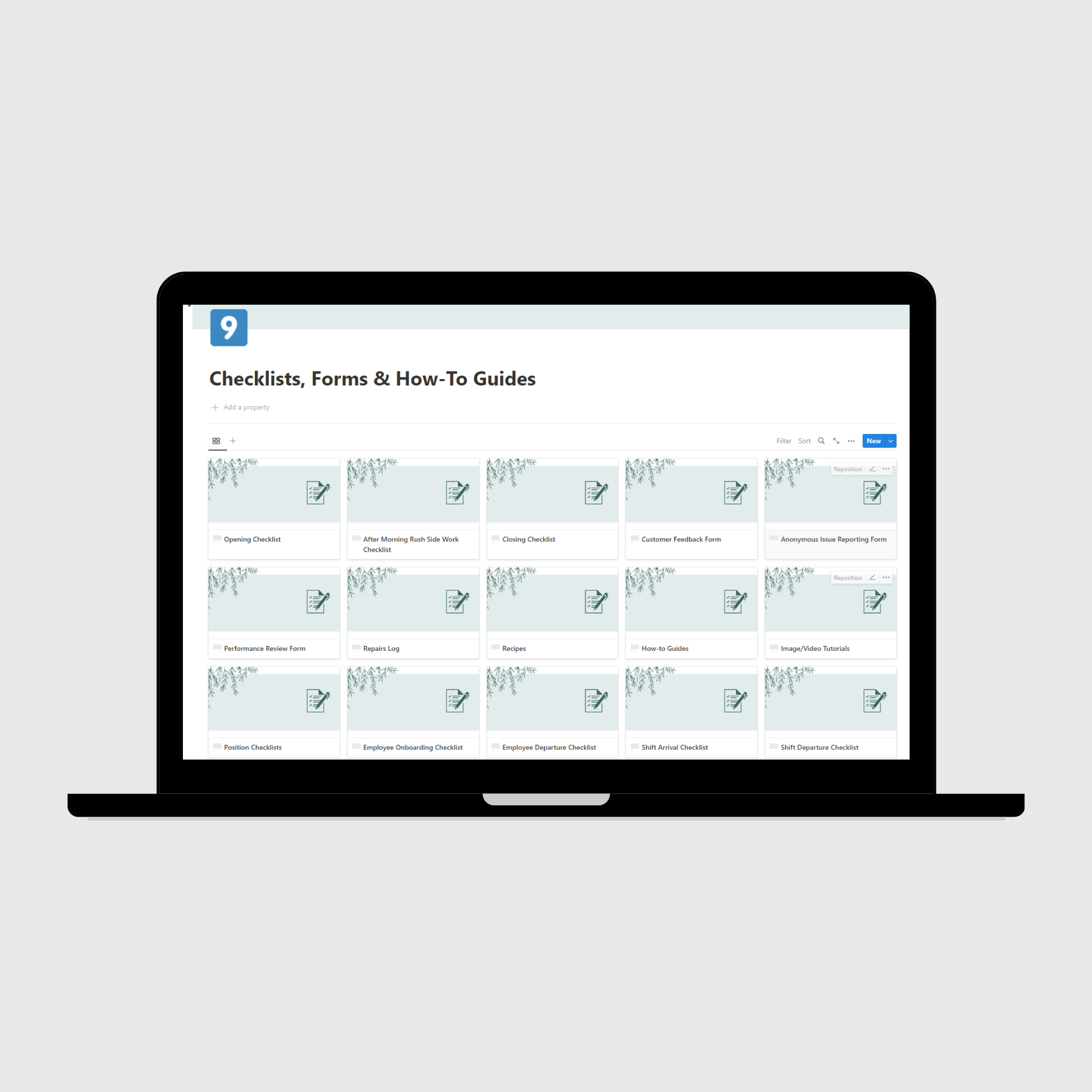 Tablet displaying a Notion template page titled “Checklists, Forms & How-To Guides” for restaurant operations, featuring editable cards for opening checklist, customer feedback form, and employee performance review checklist.
