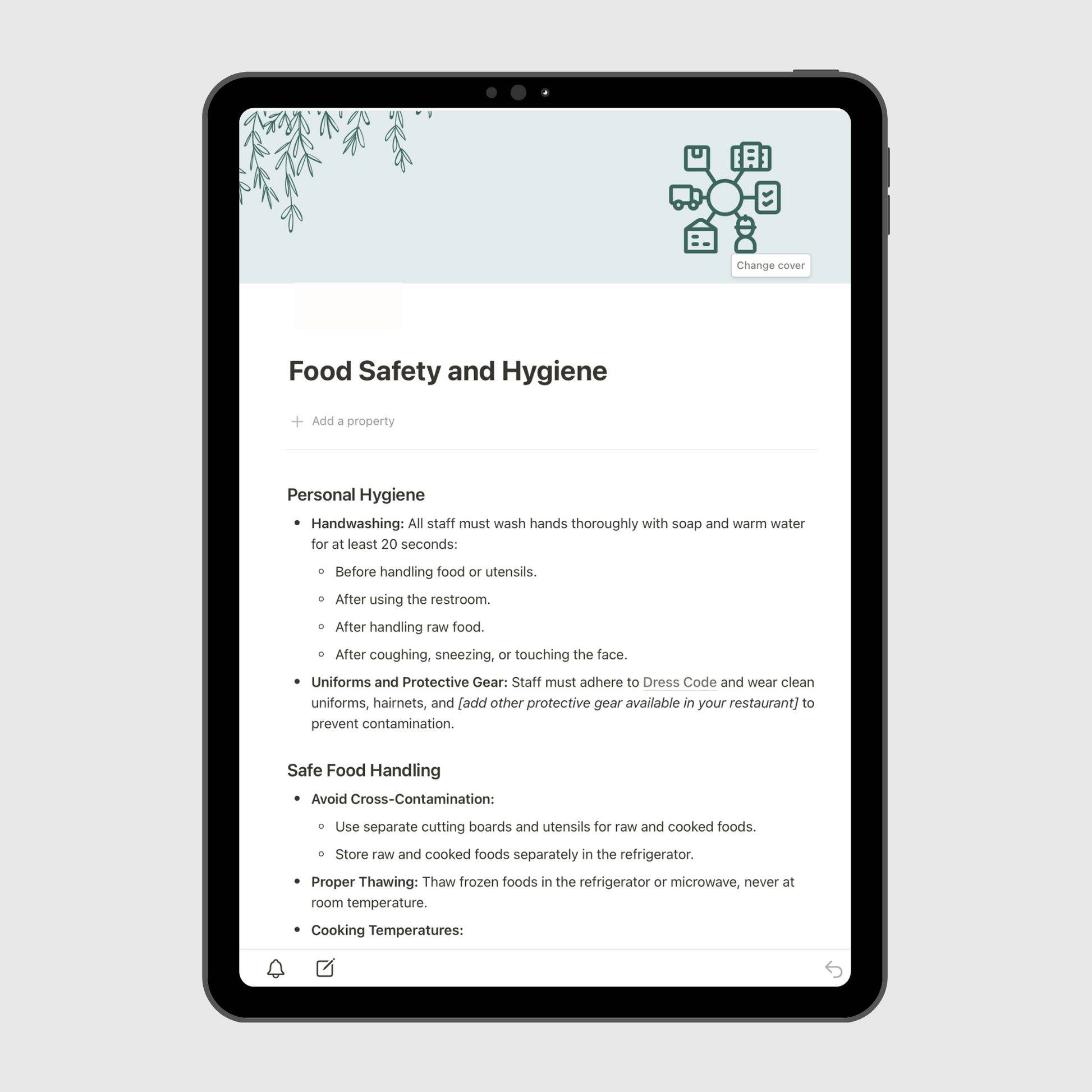 Tablet screen displaying the “Food Safety and Hygiene” section of a Notion Operations Manual template, outlining guidelines for handwashing, protective gear, and safe food handling practices for staff.