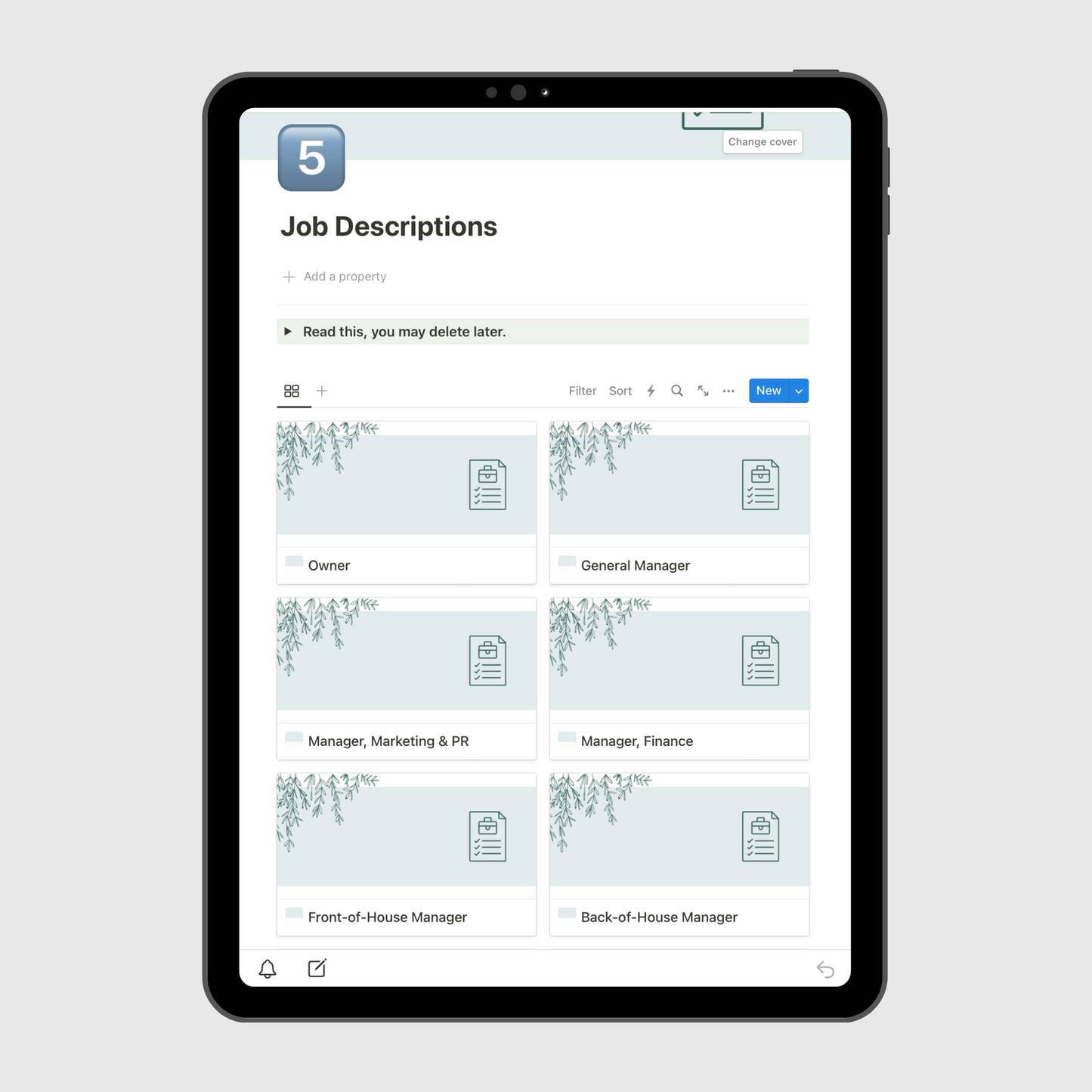 Tablet screen displaying the “Job Descriptions” section of a Notion Operations Manual template, featuring organized role cards for Owner, General Manager, Marketing & PR Manager, Finance Manager, Front-of-House Manager, and Back-of-House Manager.