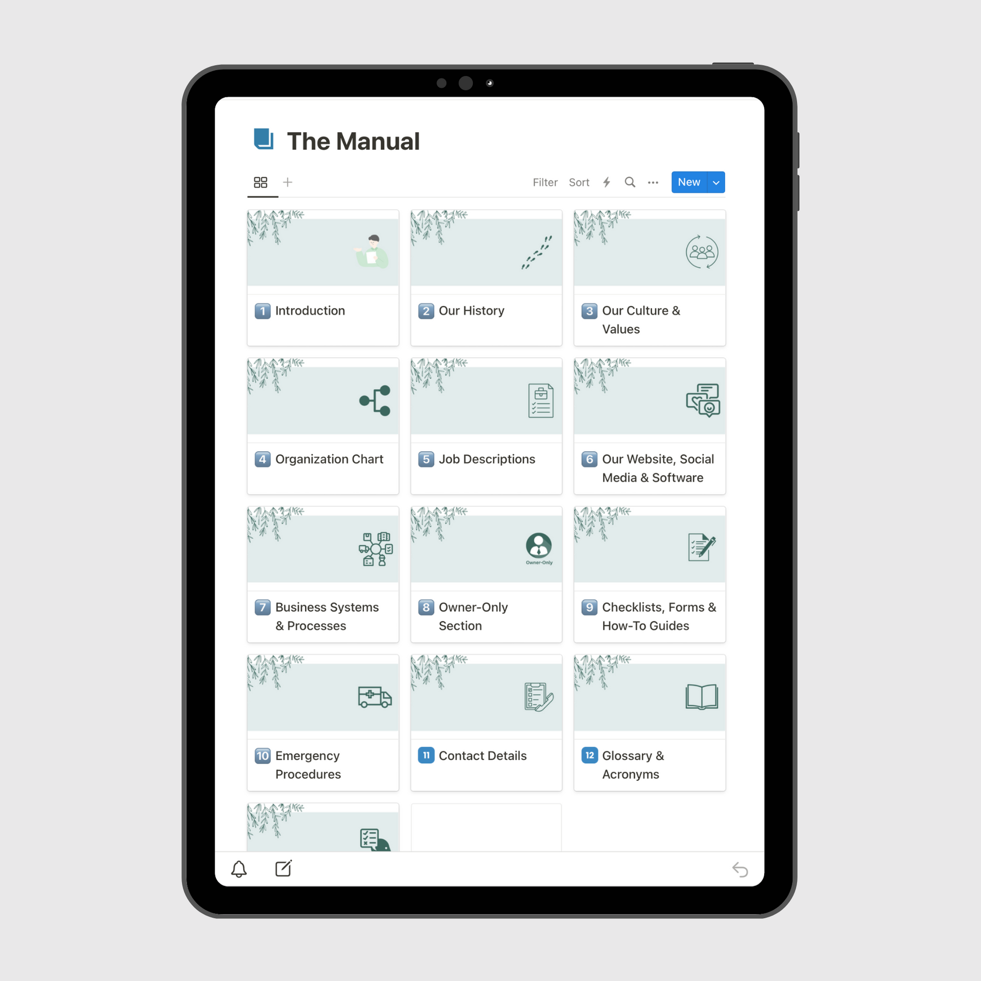 Tablet displaying “The Manual” section of a Restaurant Operations Manual Notion template with sections for company history, culture and values, job descriptions, emergency procedures, and business systems.
