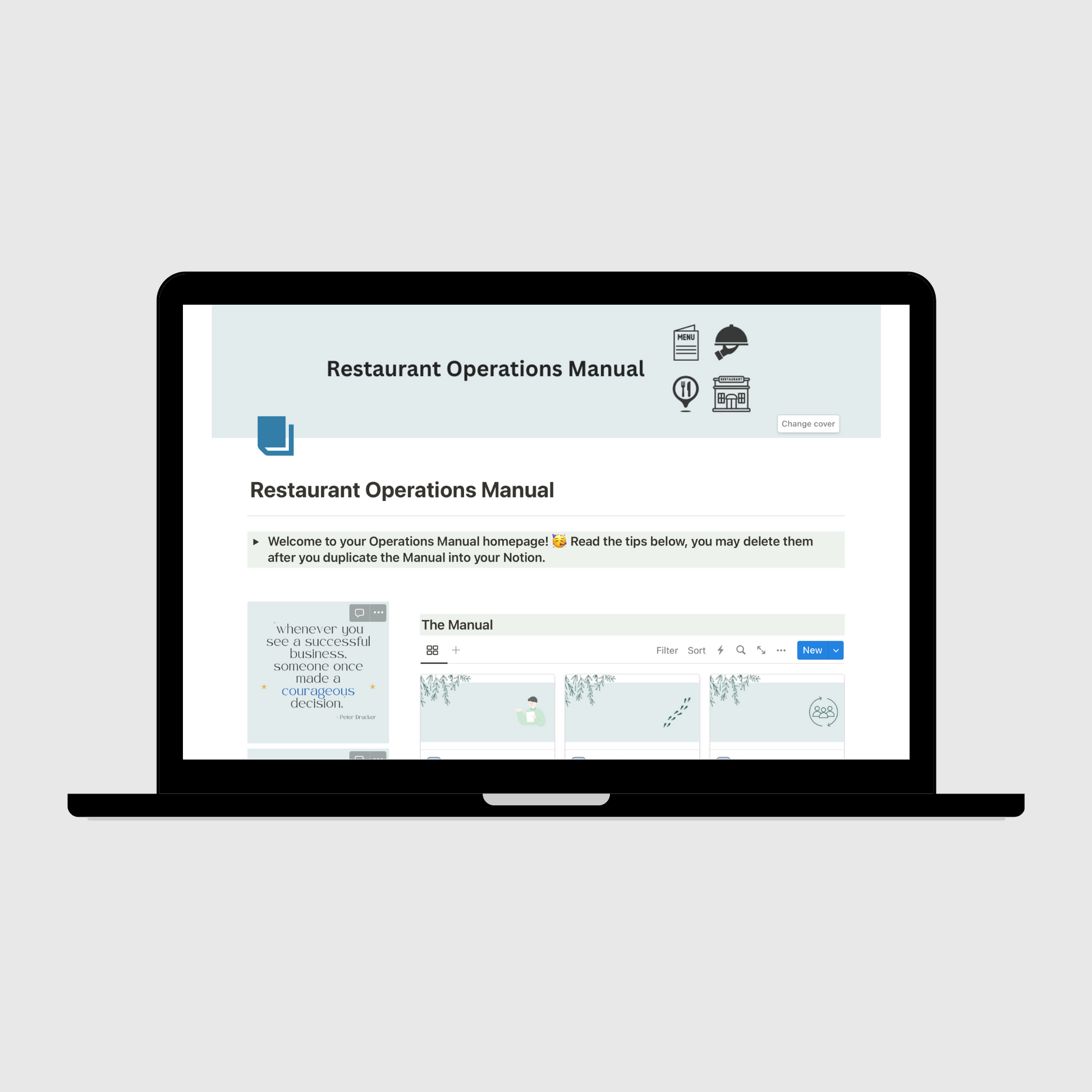 Laptop showing a Notion template titled “Restaurant Operations Manual,” with welcome instructions and an organized dashboard of sections covering processes, systems, and company policies for business management.
