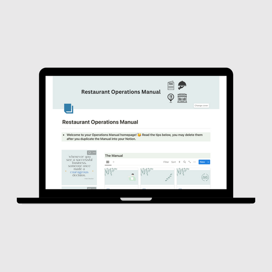 Laptop showing a Notion template titled “Restaurant Operations Manual,” with welcome instructions and an organized dashboard of sections covering processes, systems, and company policies for business management.