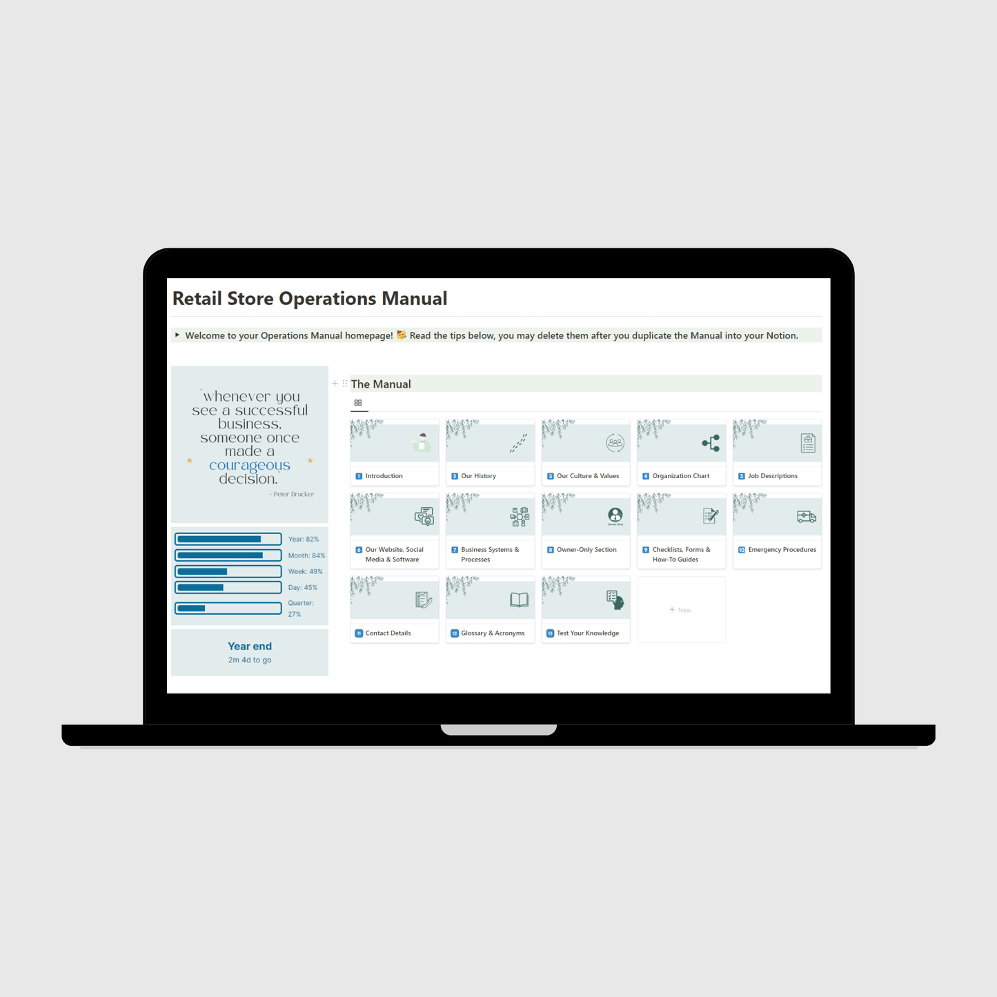 Notion Operations Manual template for retail stores shown on a laptop, featuring organized sections for company systems and team information, with a sidebar displaying motivational quotes and productivity progress trackers.
