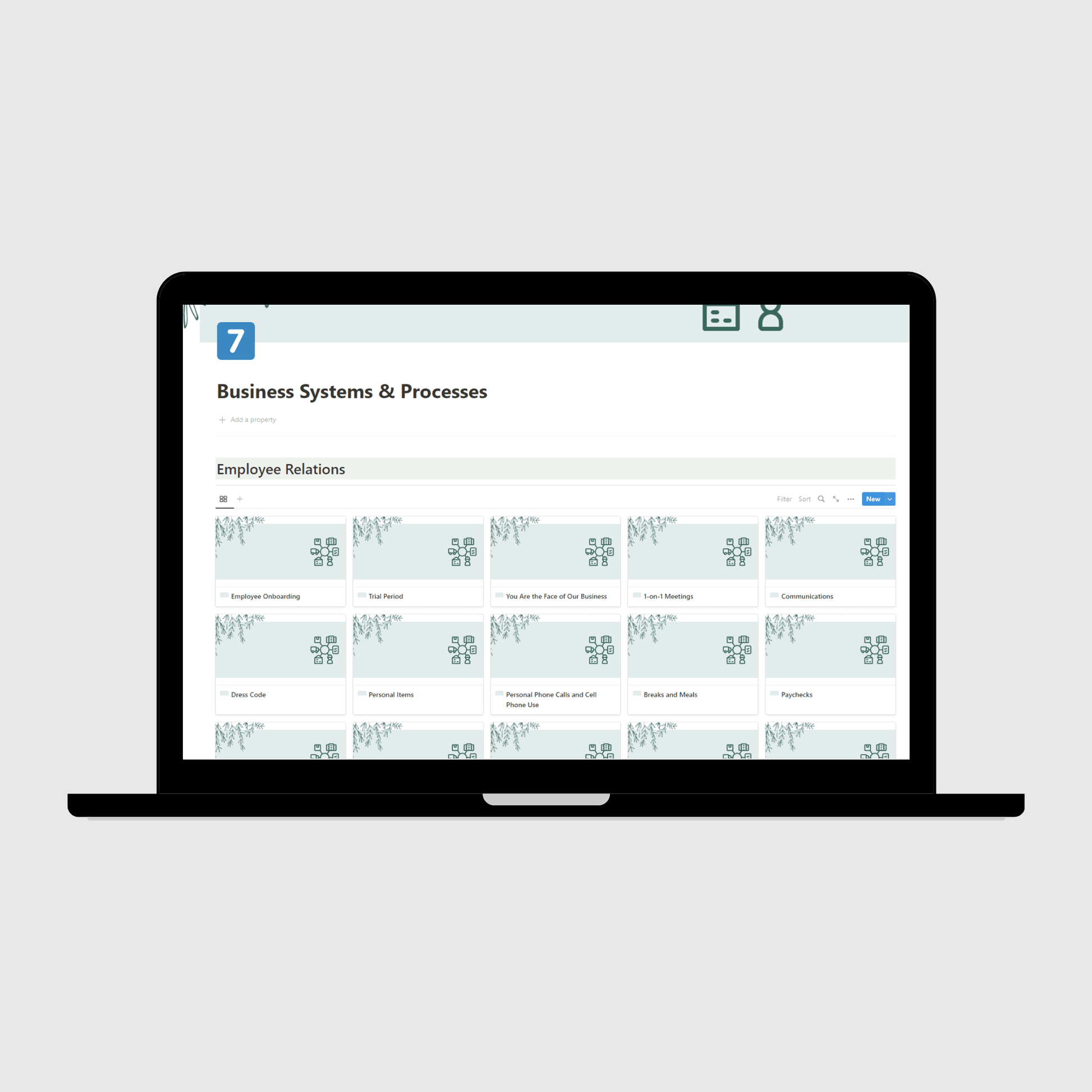 Notion Operations Manual template shown on a laptop, featuring the Business Systems & Processes section with organized employee relations templates for onboarding, meetings, communications, and pay management in small businesses.
