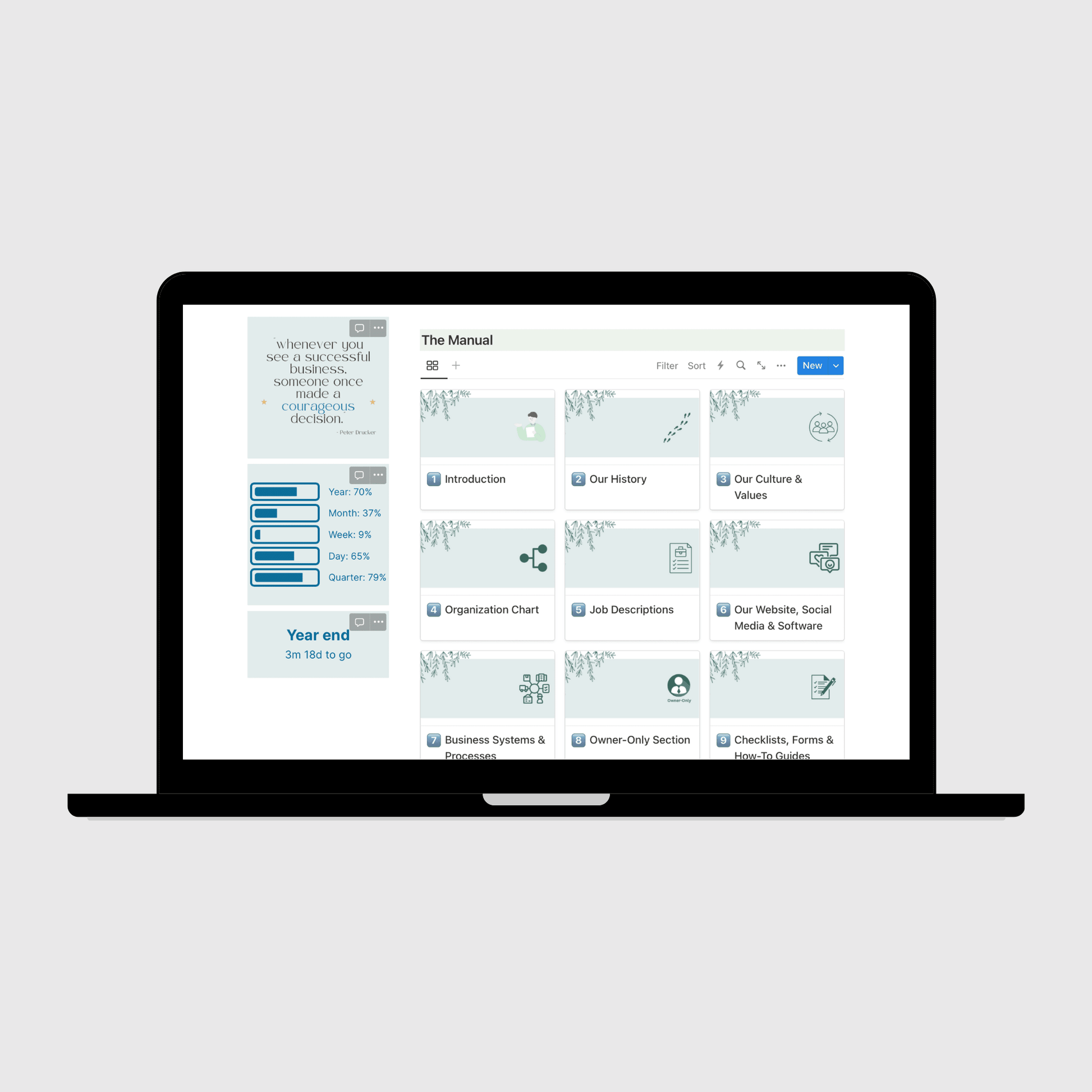 Notion Operations Manual template for retail stores shown on a laptop, featuring organized sections for company systems and team information, with a sidebar displaying motivational quotes and productivity progress trackers.