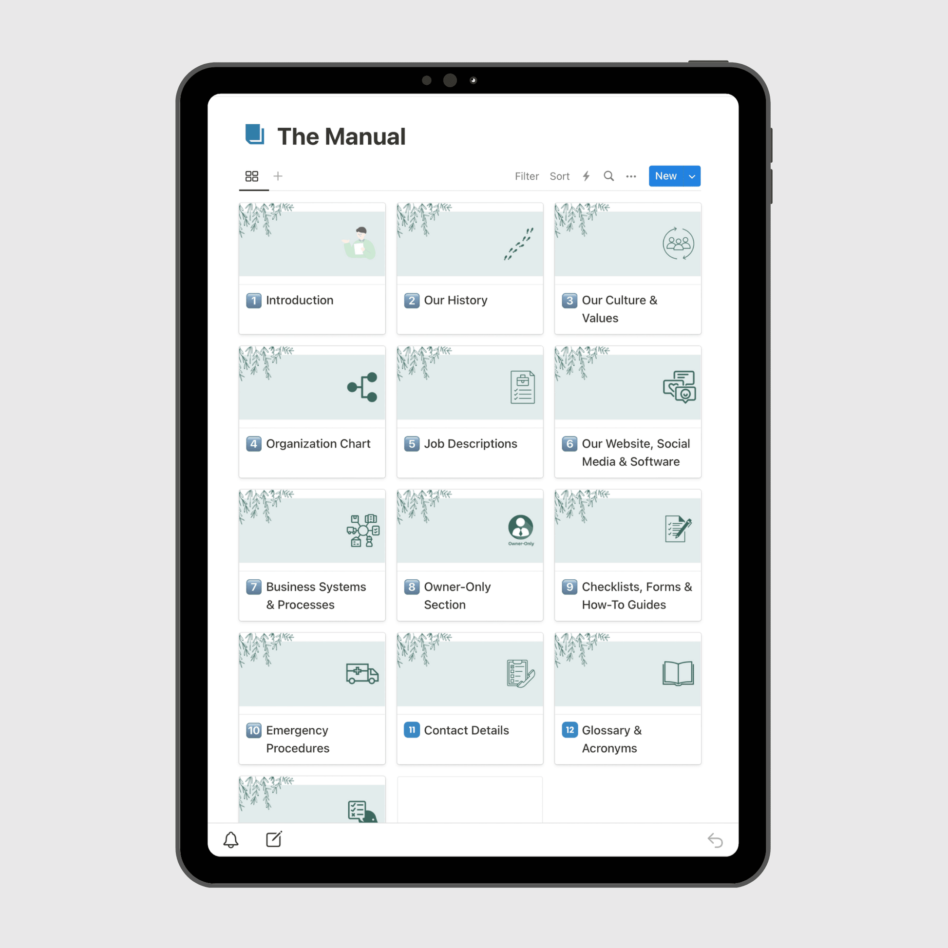Tablet displaying “The Manual” section of a Restaurant Operations Manual Notion template with sections for company history, culture and values, job descriptions, emergency procedures, and business systems.
