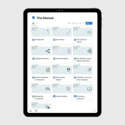 Tablet displaying “The Manual” section of a Restaurant Operations Manual Notion template with sections for company history, culture and values, job descriptions, emergency procedures, and business systems.
