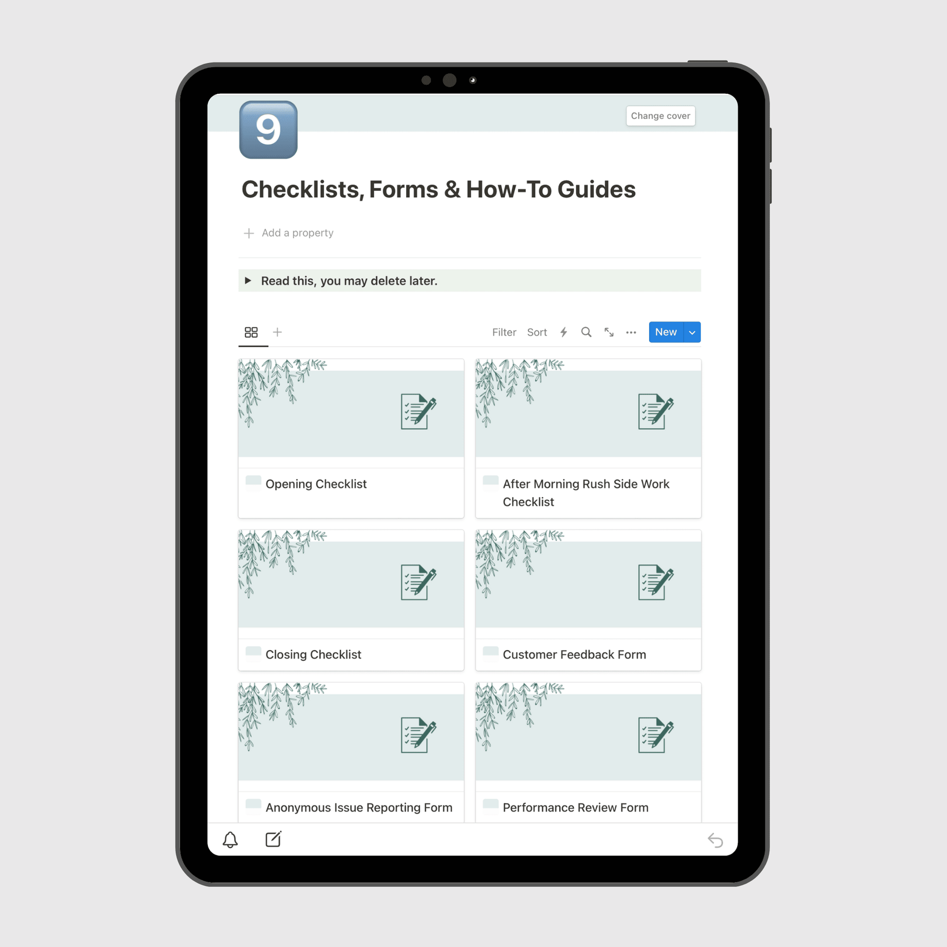 Tablet displaying a Notion template page titled “Checklists, Forms & How-To Guides” for restaurant operations, featuring editable cards for opening checklist, customer feedback form, and employee performance review checklist.