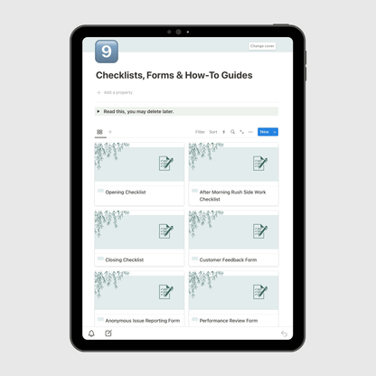 Tablet displaying a Notion template page titled “Checklists, Forms & How-To Guides” for restaurant operations, featuring editable cards for opening checklist, customer feedback form, and employee performance review checklist.