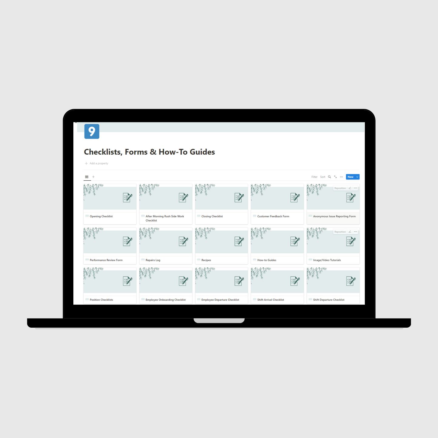 Tablet displaying a Notion template page titled “Checklists, Forms & How-To Guides” for retail store operations, featuring editable cards for opening checklist, customer feedback form, and employee performance review checklist.