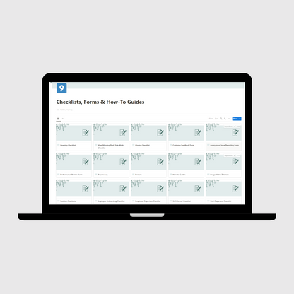 Tablet displaying a Notion template page titled “Checklists, Forms & How-To Guides” for retail store operations, featuring editable cards for opening checklist, customer feedback form, and employee performance review checklist.