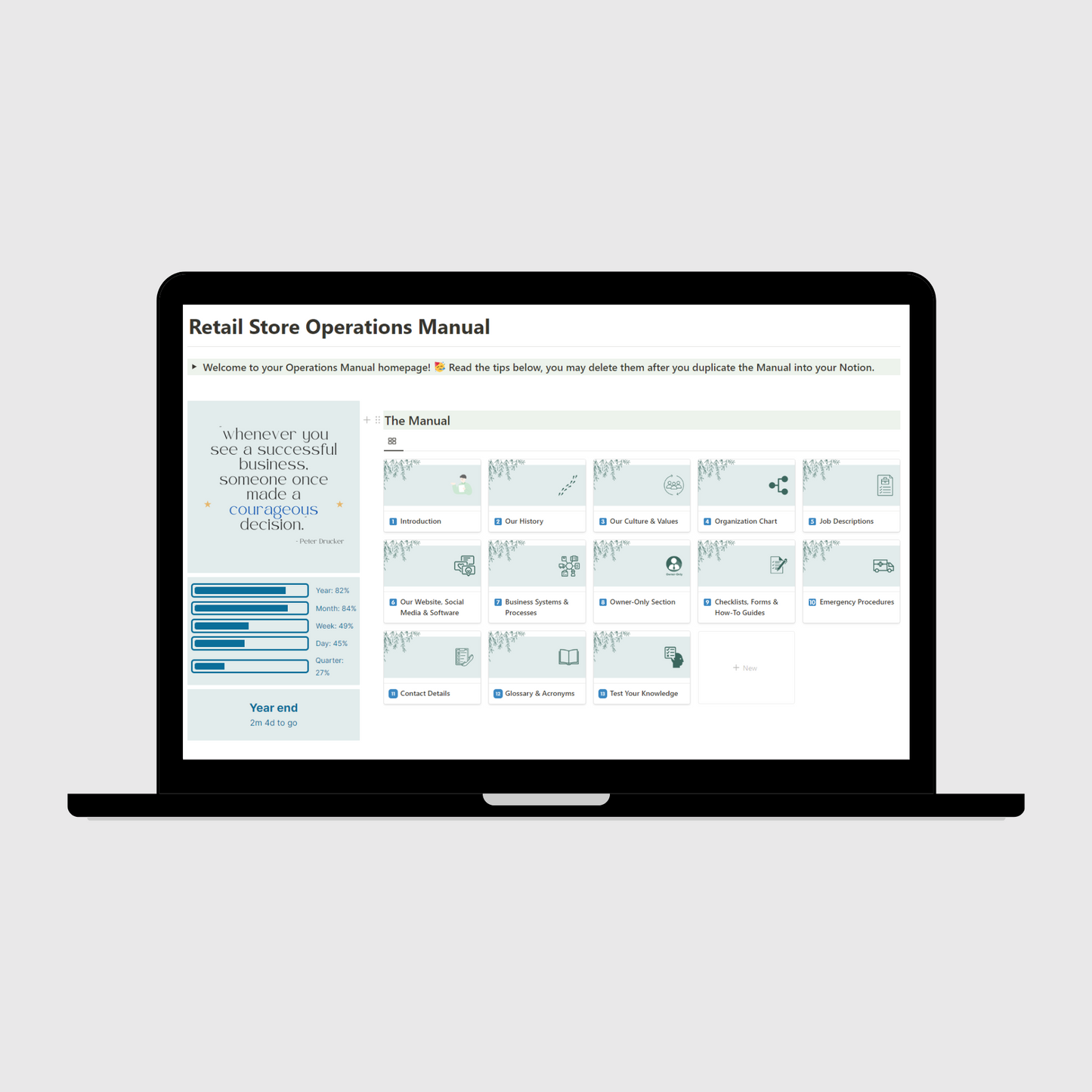 Notion Operations Manual template for retail stores shown on a laptop, featuring organized sections for company systems and team information, with a sidebar displaying motivational quotes and productivity progress trackers.
