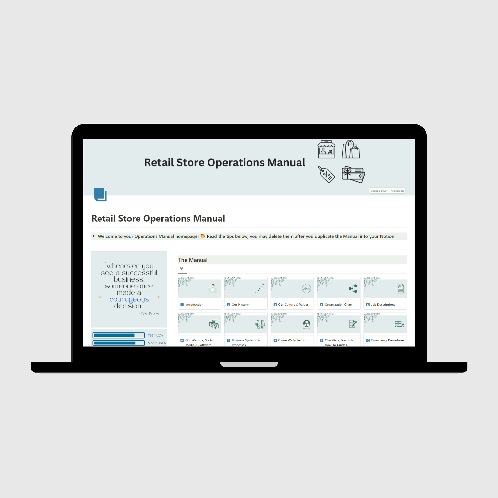 Notion Operations Manual template for retail stores shown on a laptop, featuring organized sections for company systems and team information, with a sidebar displaying motivational quotes and productivity progress trackers.