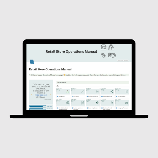 Notion Operations Manual template for retail stores shown on a laptop, featuring organized sections for company systems and team information, with a sidebar displaying motivational quotes and productivity progress trackers.