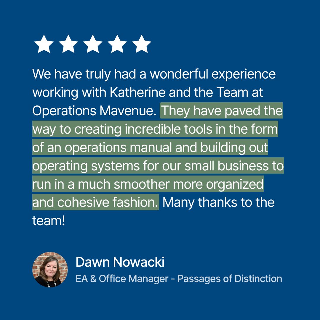 A blue testimonial graphic with white text quoting a customer named Dawn Nowacki about Operations Mavenue, plus five white stars at the top and a small circular headshot near the bottom.
