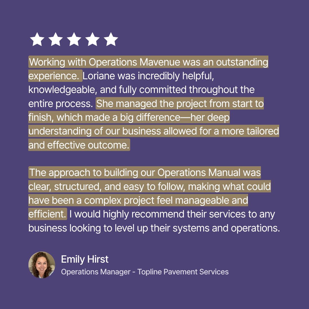 A testimonial graphic on a purple background with five white stars and highlighted customer reviews mentioning Operations Mavenue, plus a small circular photo of Emily Hirst with her title.