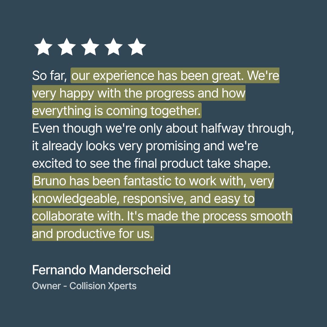 A testimonial quote from Fernando Manderscheid, Owner of Collision Xperts, displayed on a dark slate blue background. The text is white, with highlighted sections in a muted olive-green color, and a five-star rating graphic appears at the top.
