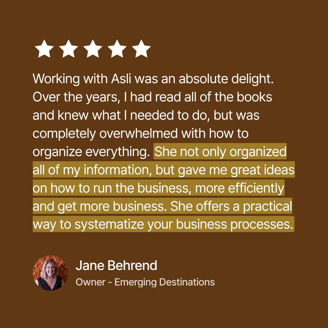 A brown testimonial graphic with a five-star rating at the top, a quote about Asli and business organization in white text, highlighted gold sections, and Jane Behrend's name and title at the bottom with a small circular photo.