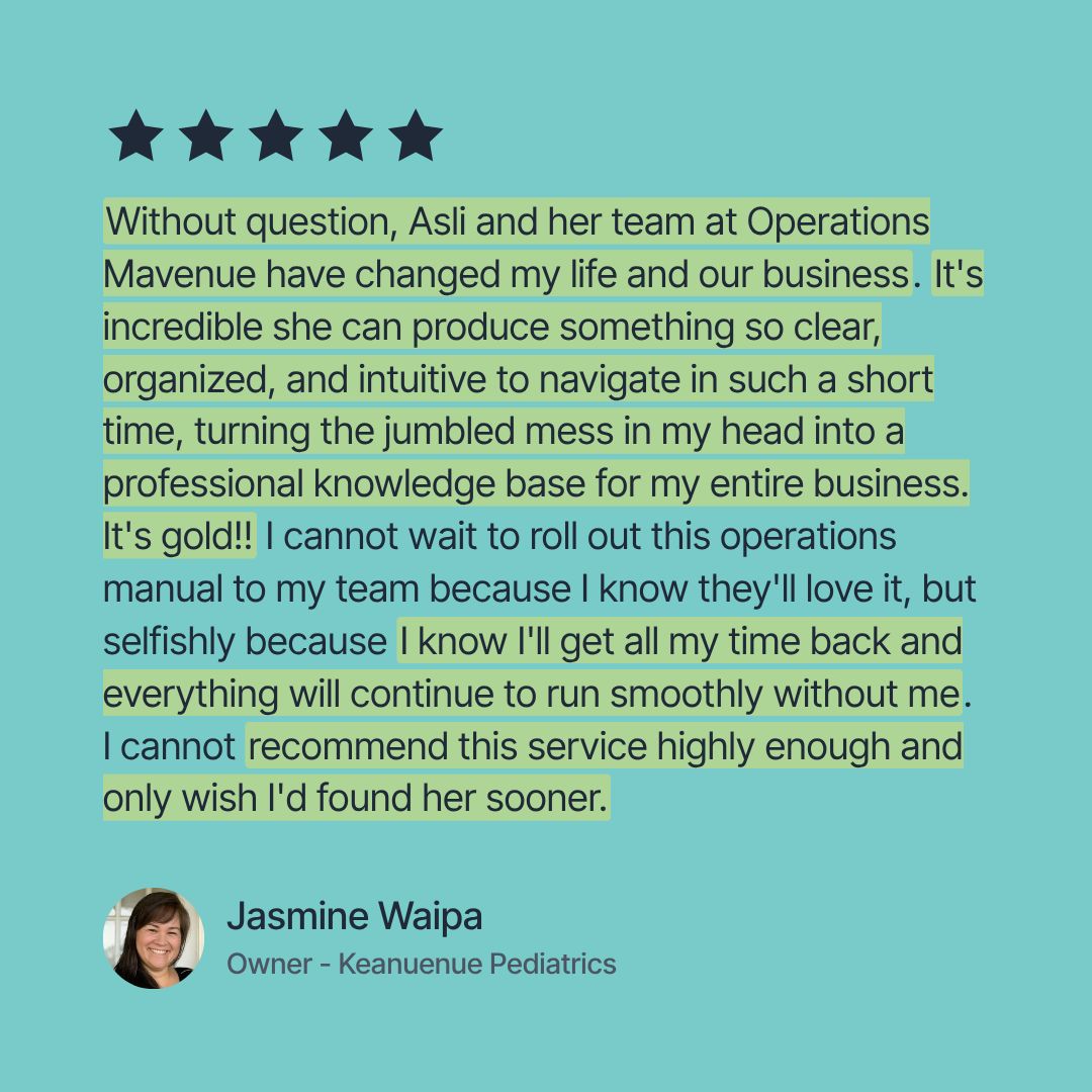 A testimonial review graphic on a light blue background, featuring a five-star rating and a long handwritten-style review praising Asli and Operations Mavenue. The review includes highlighted text in pale yellow.