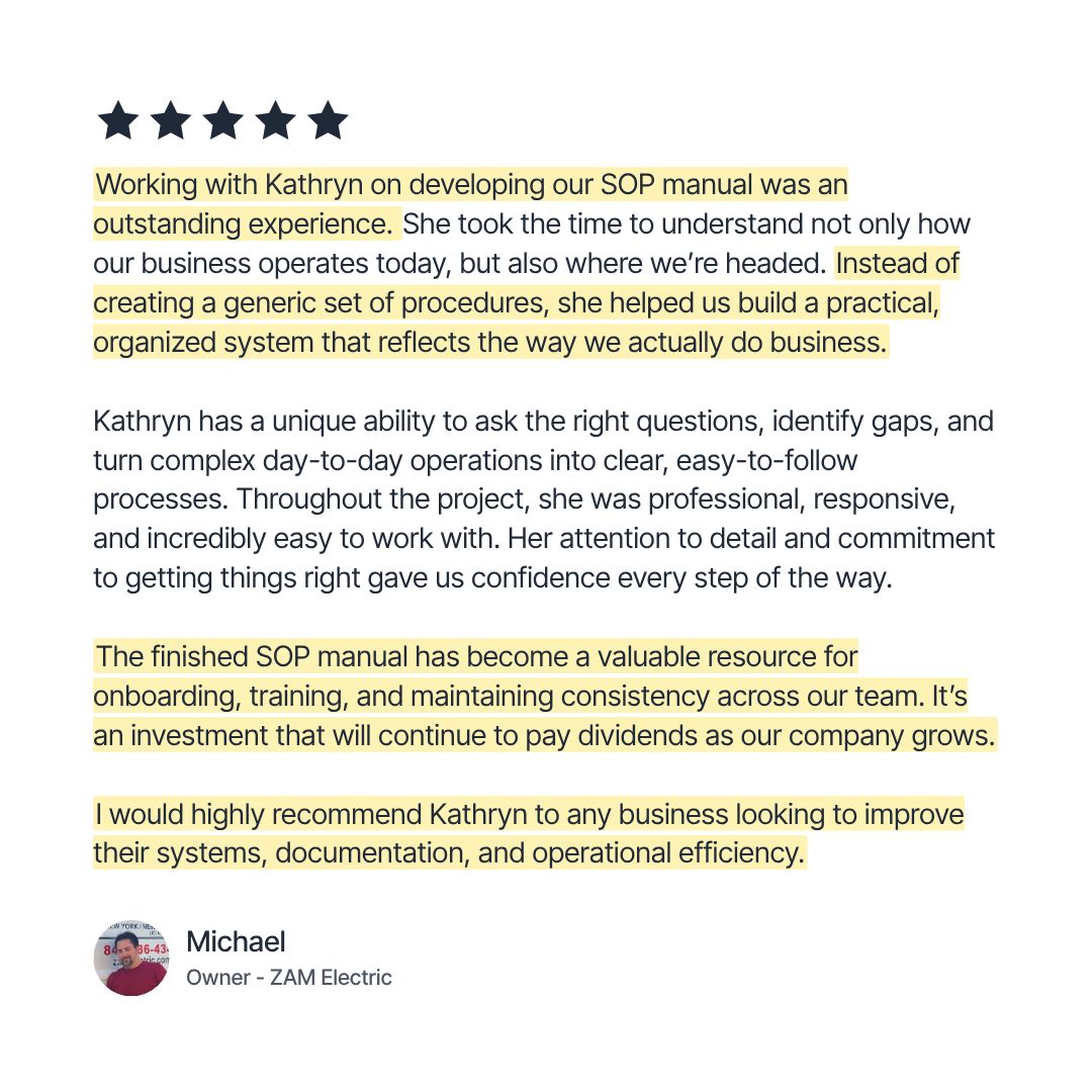 A testimonial review for Kathryn from Michael, Owner - ZAM Electric, praising her work on developing an SOP manual. The review features five gold-outlined stars at the top, several paragraphs of black text highlighted with yellow underlines, and a small circular profile picture of Michael at the bottom left, all set against a clean white background.