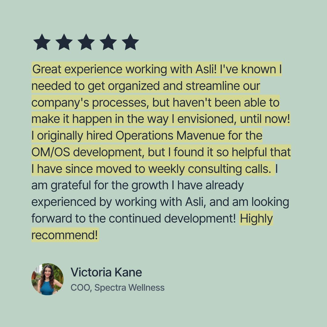 A testimonial-style graphic with a five-star rating at the top, a block of customer review text in dark gray on a pale green background, and a profile section at the bottom showing the name Victoria Kane and her title COO, Spectra Wellness.