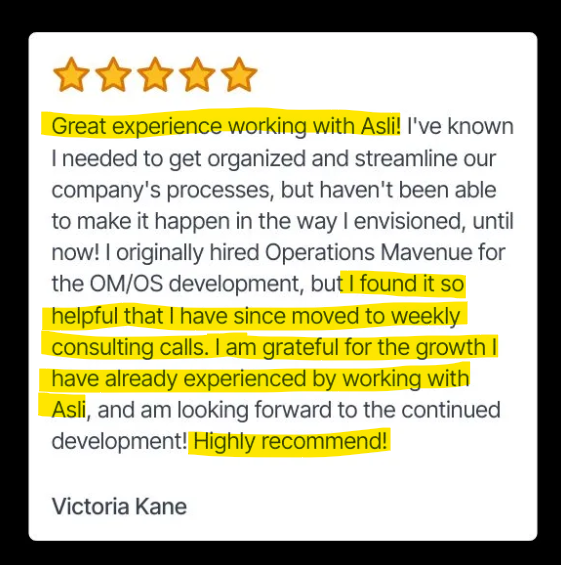 A screenshot of a positive review citing Operations Mavenue's consulting calls as a primary reason for their growth.