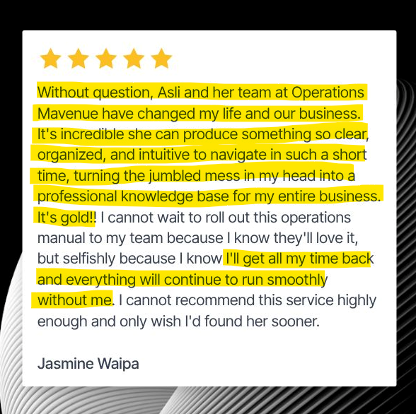 Screenshot of a review stating Operations Mavenue has change the customer's life and business.