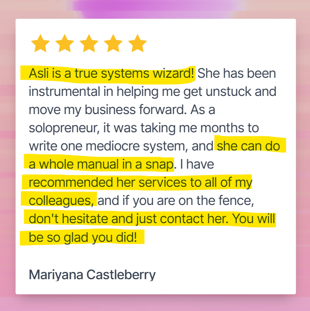 Screenshot of a review championing Operations Mavenue for helping them get unstuck with their business.