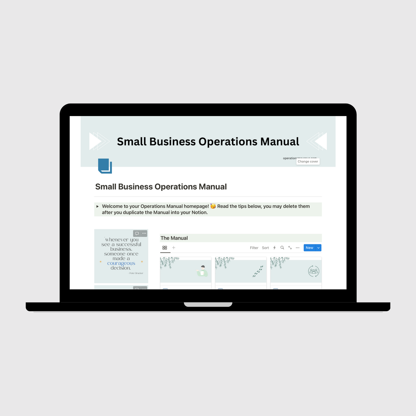 Laptop showing a Notion template titled “Small Business Operations Manual,” with welcome instructions and an organized dashboard of sections covering processes, systems, and company policies for business management.