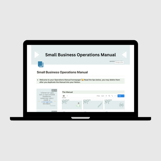 Laptop showing a Notion template titled “Small Business Operations Manual,” with welcome instructions and an organized dashboard of sections covering processes, systems, and company policies for business management.