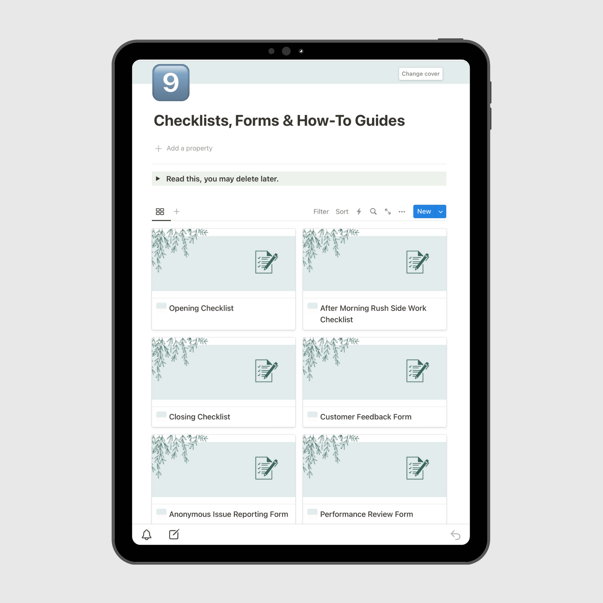Tablet displaying a Notion template page titled “Checklists, Forms & How-To Guides” for small business operations, featuring editable cards for opening checklist, customer feedback form, and employee performance review checklist.
