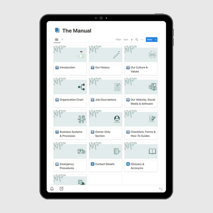 Tablet displaying “The Manual” section of a Small Business Operations Manual Notion template with sections for company history, culture and values, job descriptions, emergency procedures, and business systems.
